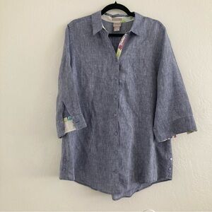 Chico's 100% Linen Button Front Top Blue 3/4 Sleeve Beach Lagenlook Size 12